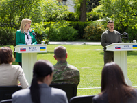 Presidents Volodymyr Zelenskyy of Ukraine and Zuzana Caputova of Slovakia are holding a joint briefing in Kyiv, Ukraine, on May 10, 2024. (