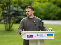 President Volodymyr Zelenskyy of Ukraine is participating in a joint briefing with President Zuzana Caputova of Slovakia in Kyiv, Ukraine, o...