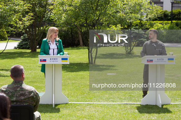 Presidents Volodymyr Zelenskyy of Ukraine and Zuzana Caputova of Slovakia are holding a joint briefing in Kyiv, Ukraine, on May 10, 2024. 