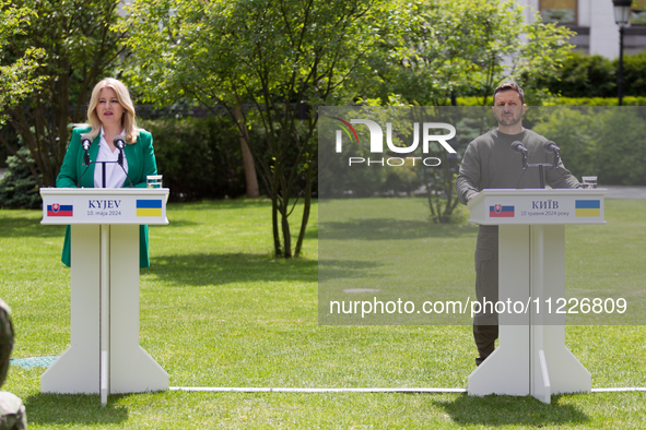 Presidents Volodymyr Zelenskyy of Ukraine and Zuzana Caputova of Slovakia are holding a joint briefing in Kyiv, Ukraine, on May 10, 2024. 