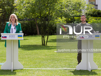 Presidents Volodymyr Zelenskyy of Ukraine and Zuzana Caputova of Slovakia are holding a joint briefing in Kyiv, Ukraine, on May 10, 2024. (