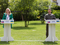 Presidents Volodymyr Zelenskyy of Ukraine and Zuzana Caputova of Slovakia are holding a joint briefing in Kyiv, Ukraine, on May 10, 2024. (