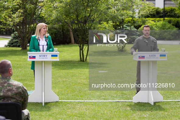 Presidents Volodymyr Zelenskyy of Ukraine and Zuzana Caputova of Slovakia are holding a joint briefing in Kyiv, Ukraine, on May 10, 2024. 