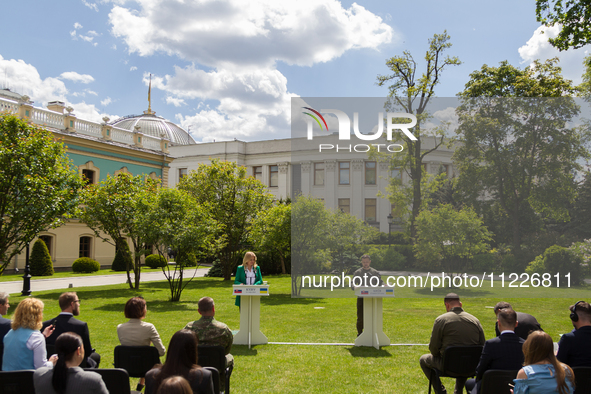 Presidents Volodymyr Zelenskyy of Ukraine and Zuzana Caputova of Slovakia are holding a joint briefing in Kyiv, Ukraine, on May 10, 2024. 