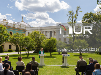 Presidents Volodymyr Zelenskyy of Ukraine and Zuzana Caputova of Slovakia are holding a joint briefing in Kyiv, Ukraine, on May 10, 2024. (