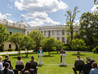 Presidents Volodymyr Zelenskyy of Ukraine and Zuzana Caputova of Slovakia are holding a joint briefing in Kyiv, Ukraine, on May 10, 2024. (