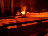 A worker is performing his duties in a blast furnace shop at Zaporizhstal Iron and Steel Works in Zaporizhzhia, Ukraine, on May 3, 2024. (