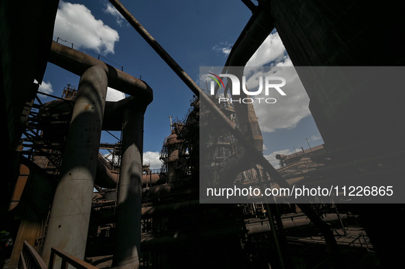 Blast furnace number 3 is being seen on the premises of Zaporizhstal Iron and Steel Works in Zaporizhzhia, southeastern Ukraine, on May 3, 2...