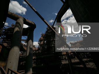 Blast furnace number 3 is being seen on the premises of Zaporizhstal Iron and Steel Works in Zaporizhzhia, southeastern Ukraine, on May 3, 2...