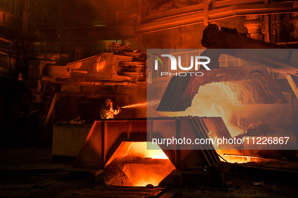 Blast furnace number 3 is being seen on the premises of Zaporizhstal Iron and Steel Works in Zaporizhzhia, southeastern Ukraine, on May 3, 2...