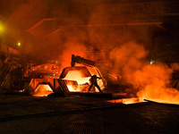 A worker is performing his duties in a blast furnace shop at Zaporizhstal Iron and Steel Works in Zaporizhzhia, Ukraine, on May 3, 2024. (