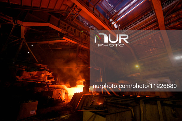 Blast furnace number 3 is being seen on the premises of Zaporizhstal Iron and Steel Works in Zaporizhzhia, southeastern Ukraine, on May 3, 2...