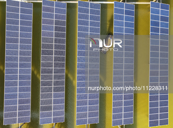 Employees of State Grid Fuzhou Power Supply Company are inspecting photovoltaic equipment in Xincuo town, Fuqing city, Fujian province, Chin...