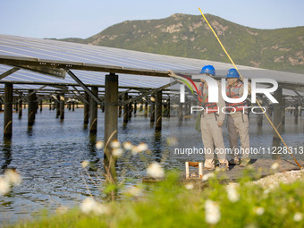 Employees of State Grid Fuzhou Power Supply Company are inspecting photovoltaic equipment in Xincuo town, Fuqing city, Fujian province, Chin...