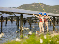 Employees of State Grid Fuzhou Power Supply Company are inspecting photovoltaic equipment in Xincuo town, Fuqing city, Fujian province, Chin...