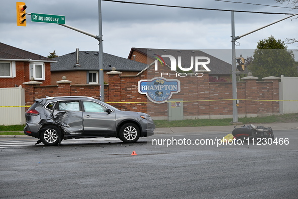 A motor vehicle crash involving a Nissan Rogue and a motorcycle is leaving the motorcyclist in life-threatening condition in Brampton, Ontar...