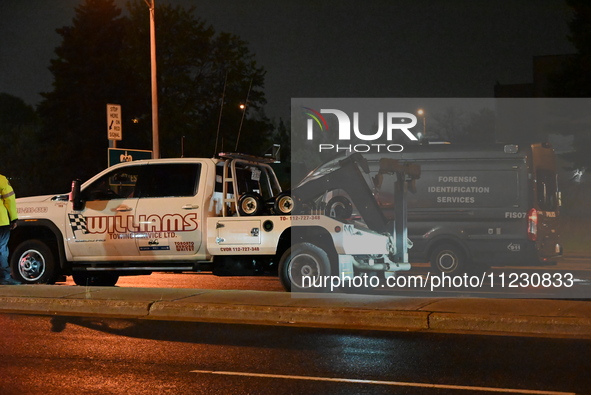 Police are investigating a shooting involving a tow truck in Toronto, Ontario, Canada, on May 11, 2024. Shots are being fired in the area of...