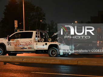 Police are investigating a shooting involving a tow truck in Toronto, Ontario, Canada, on May 11, 2024. Shots are being fired in the area of...