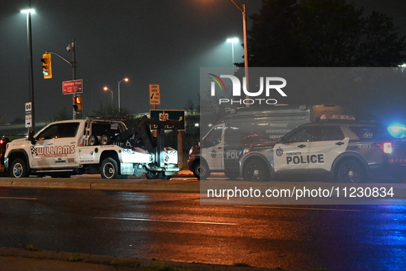 Police are investigating a shooting involving a tow truck in Toronto, Ontario, Canada, on May 11, 2024. Shots are being fired in the area of...