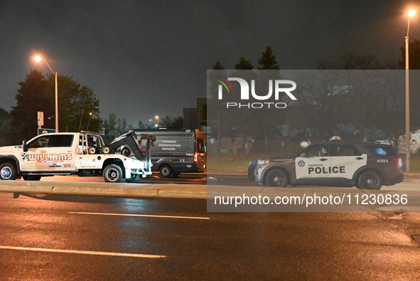 Police are investigating a shooting involving a tow truck in Toronto, Ontario, Canada, on May 11, 2024. Shots are being fired in the area of...