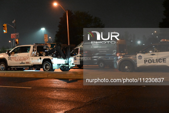 Police are investigating a shooting involving a tow truck in Toronto, Ontario, Canada, on May 11, 2024. Shots are being fired in the area of...