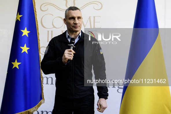 Kyiv Mayor Vitaliy Klitschko is speaking during the celebration of Europe Day in Kyiv, Ukraine, on May 9, 2024. 