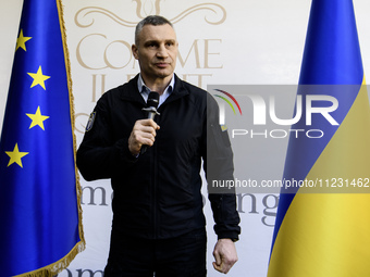 Kyiv Mayor Vitaliy Klitschko is speaking during the celebration of Europe Day in Kyiv, Ukraine, on May 9, 2024. (