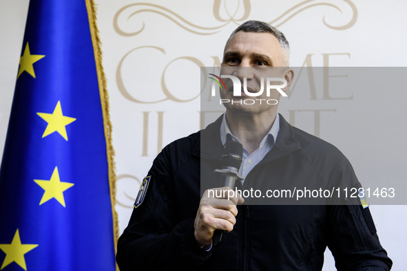 Kyiv Mayor Vitaliy Klitschko is speaking during the celebration of Europe Day in Kyiv, Ukraine, on May 9, 2024. 