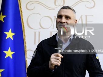 Kyiv Mayor Vitaliy Klitschko is speaking during the celebration of Europe Day in Kyiv, Ukraine, on May 9, 2024. (