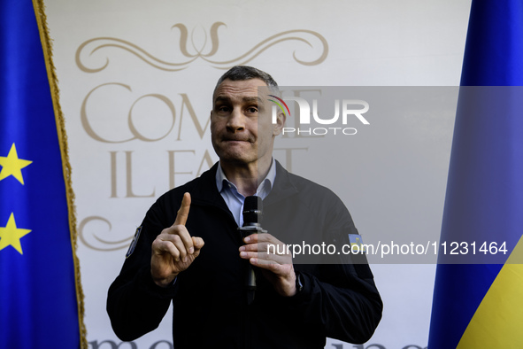 Kyiv Mayor Vitaliy Klitschko is speaking during the celebration of Europe Day in Kyiv, Ukraine, on May 9, 2024. 