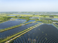 Photovoltaic panels are lining up in an ecological fish pond in Quyang town, Lianyungang, China, on May 13, 2024. (