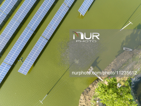 Photovoltaic panels are lining up in an ecological fish pond in Quyang town, Lianyungang, China, on May 13, 2024. 