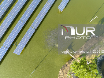 Photovoltaic panels are lining up in an ecological fish pond in Quyang town, Lianyungang, China, on May 13, 2024. (