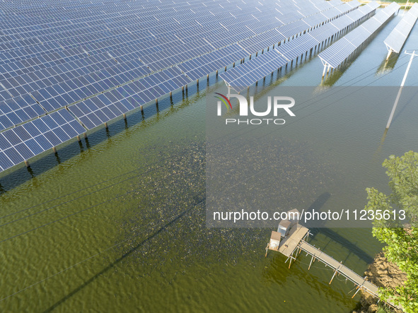 Photovoltaic panels are lining up in an ecological fish pond in Quyang town, Lianyungang, China, on May 13, 2024. 