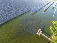 Photovoltaic panels are lining up in an ecological fish pond in Quyang town, Lianyungang, China, on May 13, 2024. (