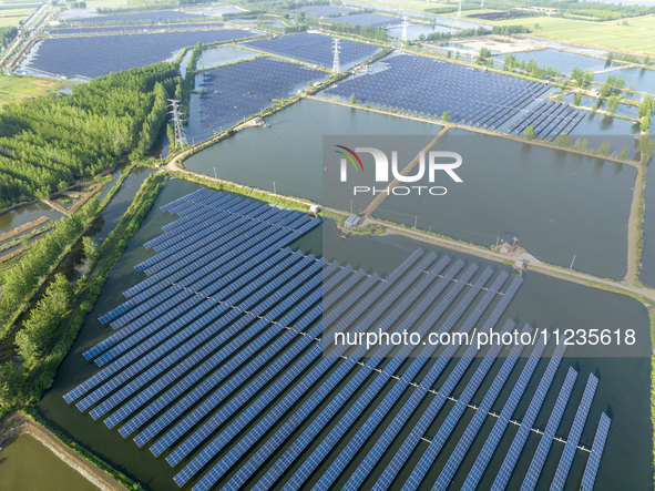 Photovoltaic panels are lining up in an ecological fish pond in Quyang town, Lianyungang, China, on May 13, 2024. 