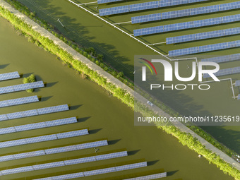 Photovoltaic panels are lining up in an ecological fish pond in Quyang town, Lianyungang, China, on May 13, 2024. (