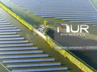 Photovoltaic panels are lining up in an ecological fish pond in Quyang town, Lianyungang, China, on May 13, 2024. (