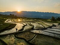 Villagers are working in a terraced field in Shiyuan village of Bijie city, Southwest China's Guizhou province, on May 13, 2024. (