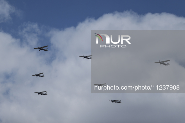 Israeli civilian aircraft fly over Jerusalem on Israeli Independence Day, May 14, 2024, in a gesture of support for the Israeli hostages hel...