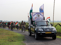 Indian Border Security Force (BSF) personnel, along with the youths, are taking part in a cycle awareness rally at the India-Bangladesh bord...