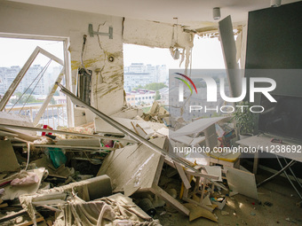 An apartment is being damaged by an airstrike in Kharkiv, Ukraine, on May 14, 2024. Russia struck Kharkiv with guided aerial bombs. One of t...