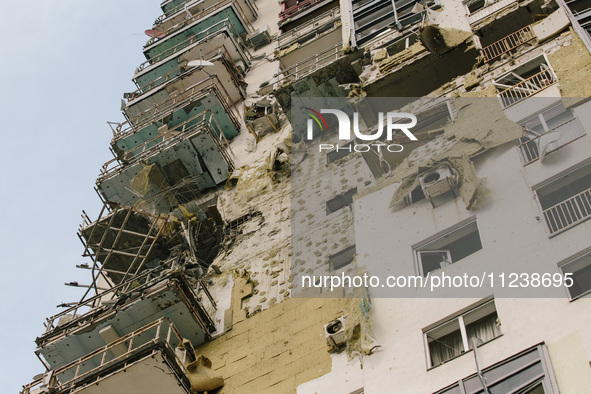 A house is being damaged by an airstrike  in Kharkiv, Ukraine, on May 14, 2024. Russia struck Kharkiv with guided aerial bombs. One of the b...