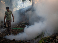 A worker is spraying pesticide to kill mosquitoes as a preventive measure against Dengue fever in a densely populated residential area in Dh...