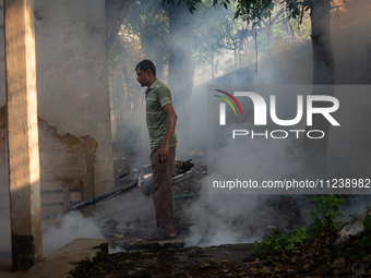 A worker is spraying pesticide to kill mosquitoes as a preventive measure against Dengue fever in a densely populated residential area in Dh...