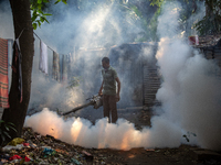 A worker is spraying pesticide to kill mosquitoes as a preventive measure against Dengue fever in a densely populated residential area in Dh...