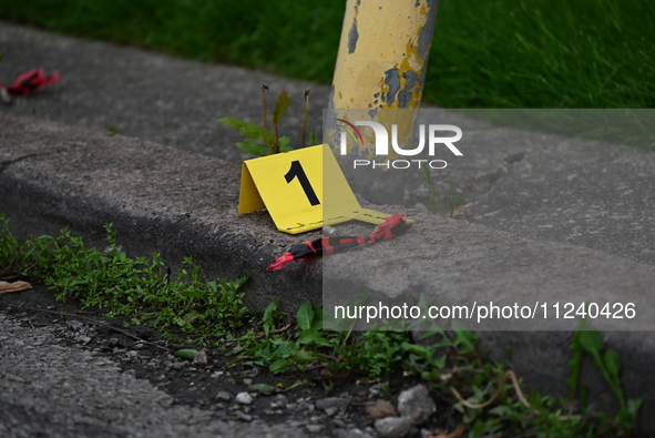 A shell casing is being seen next to an evidence marker at the crime scene. Two people are being shot in Chicago, Illinois, United States, o...