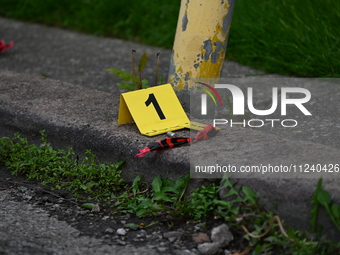 A shell casing is being seen next to an evidence marker at the crime scene. Two people are being shot in Chicago, Illinois, United States, o...