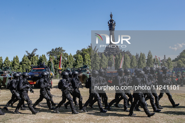 Indonesian special forces of anti-terror military personnel are marching during a security assembly ahead of The 10th World Water Forum 2024...