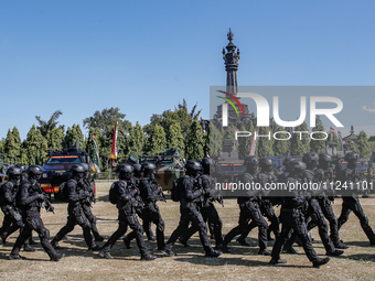 Indonesian special forces of anti-terror military personnel are marching during a security assembly ahead of The 10th World Water Forum 2024...